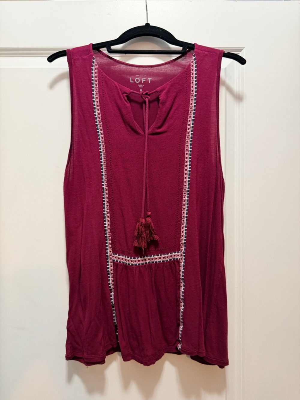 LOFT Burgundy Tassel Sleeveless Tank with Embroidered Trim